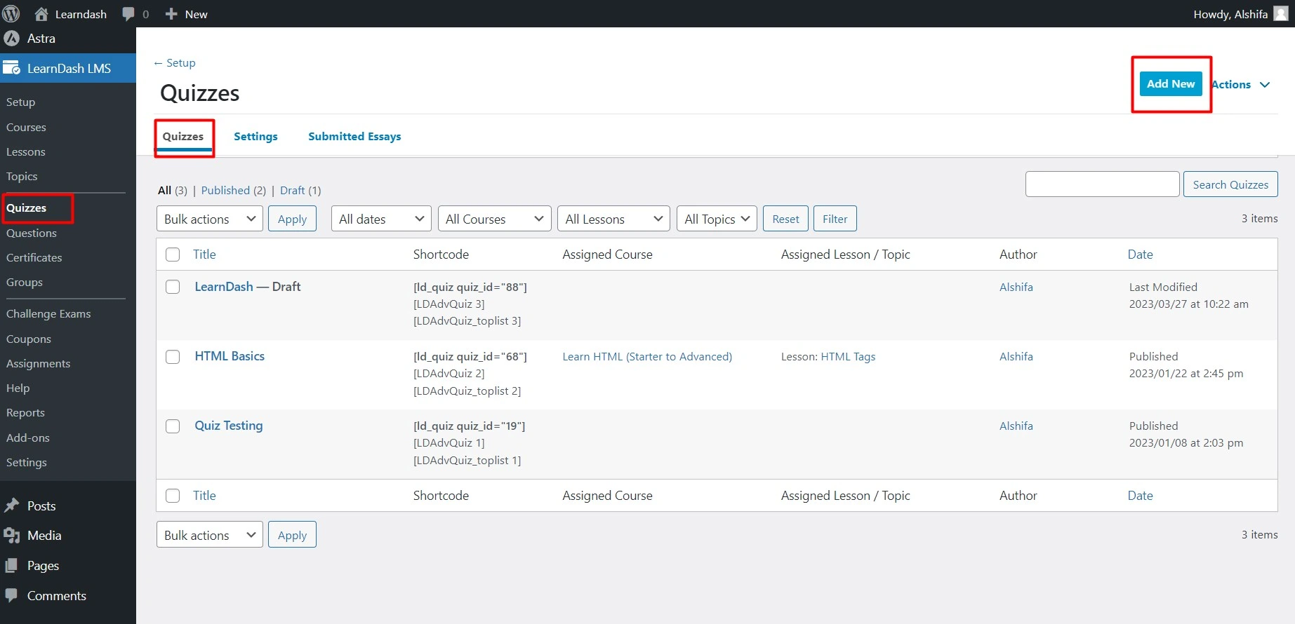 Learndash Adding Quizzes