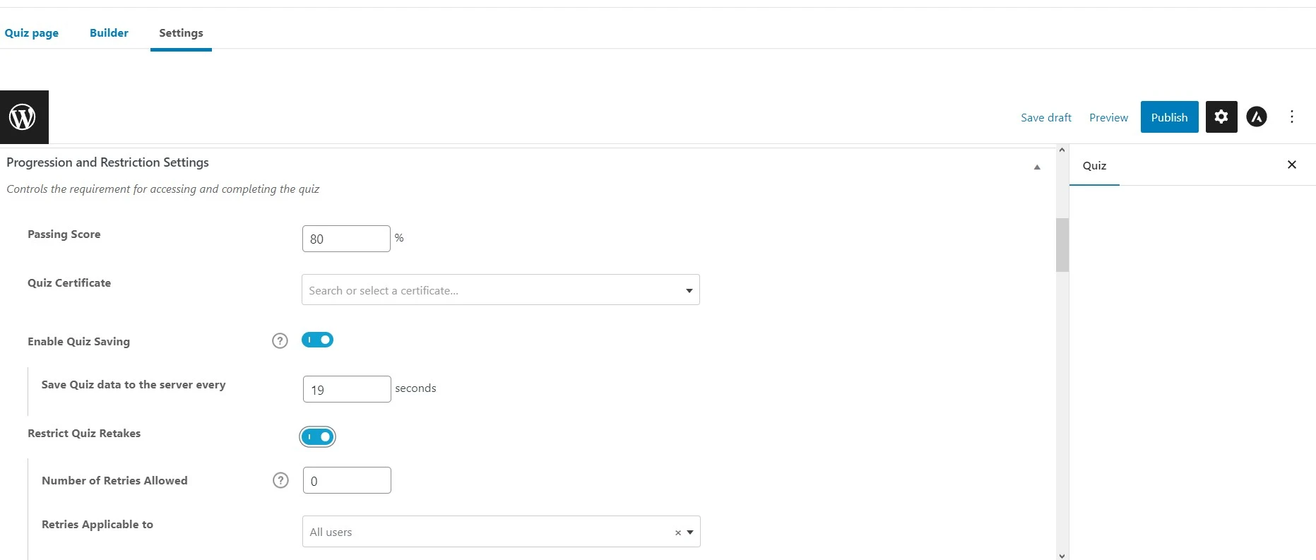 Learndash Quiz Settings