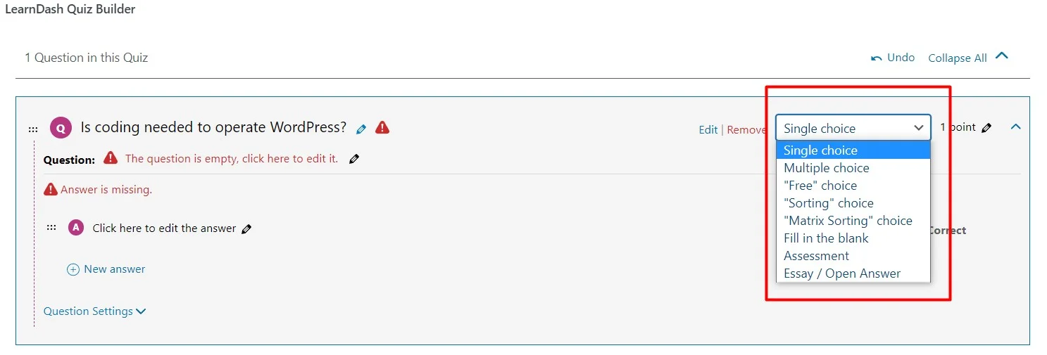 Learndash Quiz Answer Settings