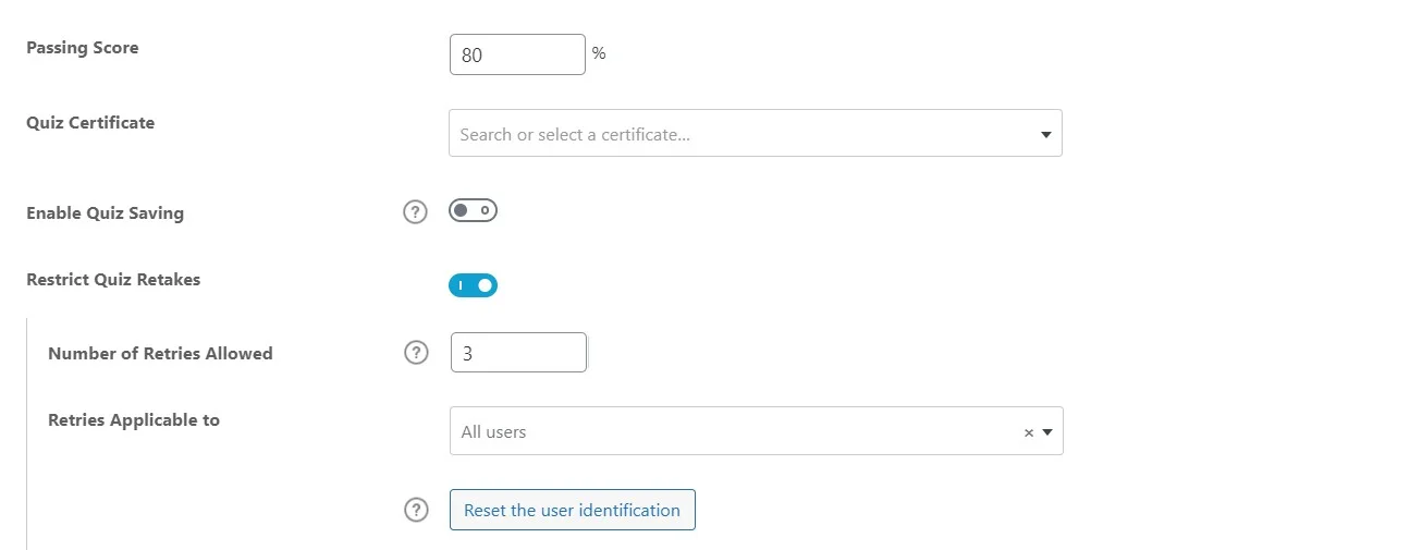 Learndash Quiz Settings