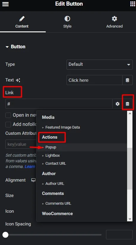 Button Setting In Elementor Under Dynamic Tags Of Links