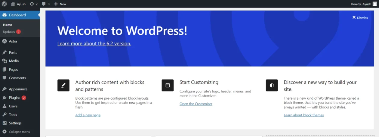 Astra On Wordpress Dashboard